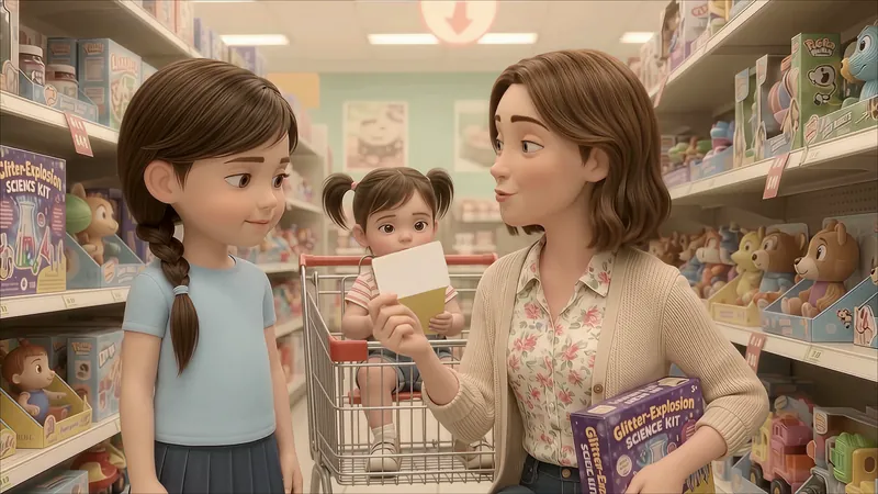 Mom crouches in the toy aisle holding up her bank card for Eva, with Tilly in the cart